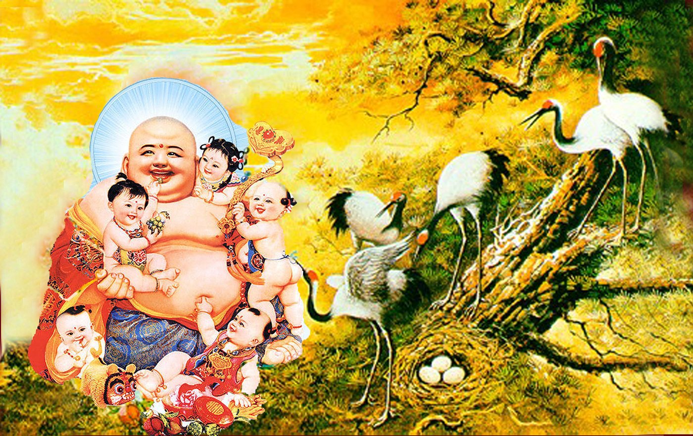 Tranh Phật Di Lặc cùng các tiểu đồng
